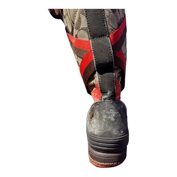 Coach Marian Lace Up Insulated Boots Sz 9.5 Signature Logo Brown & Red Mid Calf - Picture 3 of 7